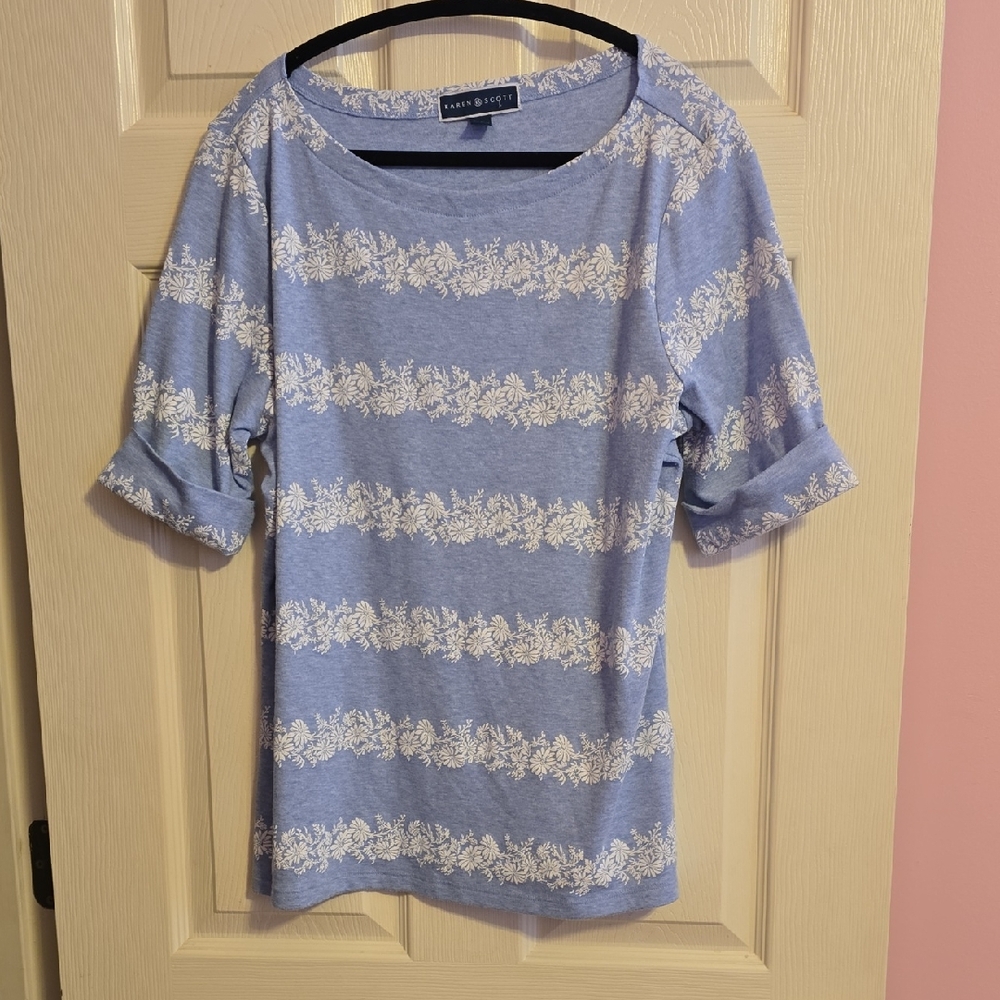 Karen Scott Blue and White Short Sleeve‎ Top